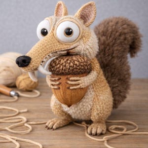 May include: A crocheted squirrel figurine, holding a brown acorn. The squirrel has large, expressive eyes, a long snout, and a fluffy tail. The figurine is tan and brown, with details like claws and teeth. The background includes yarn and a wooden surface.