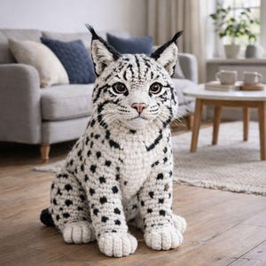 Op de afbeelding: Een handgemaakte, pluche lynx kattenpop. De pop heeft een witte body met zwarte vlekken, een roze neus en gedetailleerde gezichtskenmerken. De lynx zit op een houten vloer, met een woonkamer op de achtergrond.