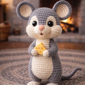 Pode incluir: Um brinquedo de rato de crochê em cinza e creme, segurando uma fatia de queijo amarelo. O rato tem olhos grandes e pretos, um nariz rosa e orelhas grandes. O brinquedo é feito à mão e está sobre um tapete estampado.