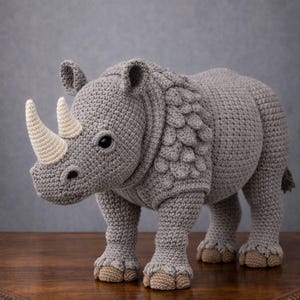 May include: A grey crocheted rhinoceros toy with two off-white horns and black eyes. The rhino has textured details on its back and legs, and is posed on a wooden surface. A soft sculpture, ideal for a nursery or child's room, made with care.