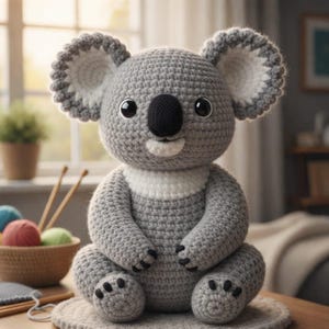 May include: A crocheted koala bear in grey, white, and black. The koala has large eyes, a black nose, and a white collar. It sits on a small, round, grey mat. The ears are lined with white and have a scalloped edge. The koala is handmade.