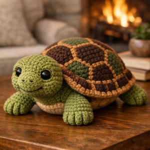 Op de afbeelding: Een handgemaakte gehaakte schildpad in groen, bruin en beige. De schildpad heeft een patroon op de schild en een lachend gezicht. Het ligt op een houten oppervlak. Het pluche speelgoed is een decoratief item.