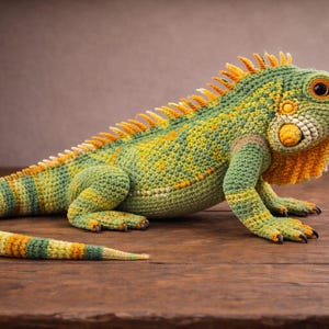 May include: A crocheted iguana, predominantly green with yellow and orange accents. The handmade reptile has a textured body and a long tail. It is displayed on a wooden surface, highlighting the detailed craftsmanship and design.