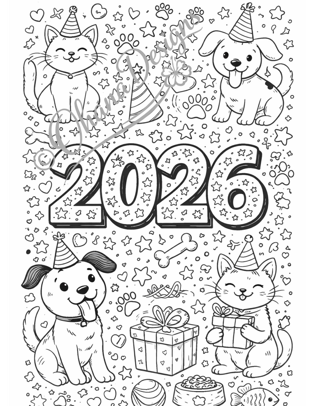2026 New Year Coloring Pages | Cats, Dogs, Clover (PDF Bundle) - Etsy