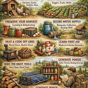 May include: An illustrated guide titled "Homestead Survival Tips" with sections on raising livestock, growing food, preserving harvest, securing water, off-grid heating, first aid, tools, and generating power. Includes text and images of related items.