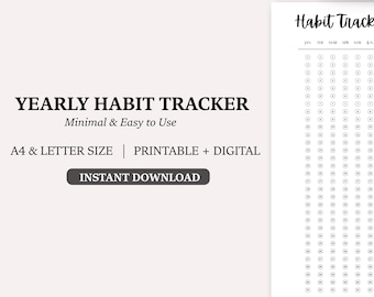 Puede incluir: Un rastreador de hábitos imprimible blanco con el texto "Yearly Habit Tracker" y "Minimal & Easy to Use". El rastreador incluye una cuadrícula para rastrear hábitos, con el texto "Habit Tracker" en la parte superior. Un bolígrafo está colocado en la parte superior.