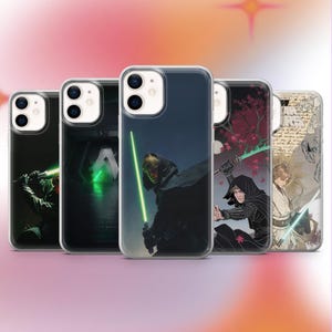 May include: Five phone cases with Star Wars-themed designs. The cases feature images of characters with lightsabers and other graphics. The cases are in clear protective covers, with a pink and orange gradient background.