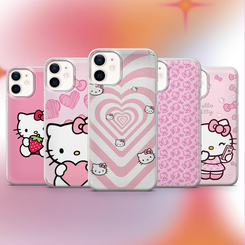 May include: A collection of five pink phone cases featuring Hello Kitty designs. The cases showcase various patterns, including hearts, bows, and the iconic character. The cases are designed to fit a smartphone and offer a cute and stylish aesthetic.