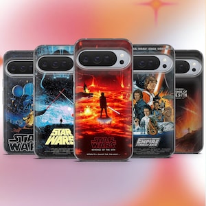 May include: A collection of phone cases featuring iconic Star Wars movie posters. The cases display vibrant artwork from the films, including scenes with Darth Vader, Luke Skywalker, and the text "STAR WARS" and "THE EMPIRE STRIKES BACK".
