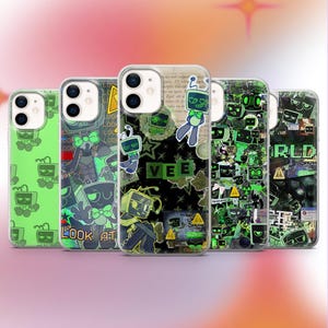 May include: A collection of five phone cases with unique designs. The cases feature a cartoon character with a TV head in various poses and patterns. The color scheme includes shades of green, black, and white, with the text "LOOK AT" and "VEE".