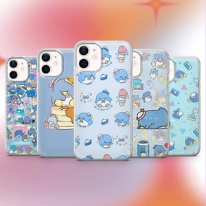 May include: Five phone cases with various designs featuring a cartoon penguin character. The cases are light blue, with the penguin in different poses, along with ice cream cones and other graphics. The cases are for different phone models.