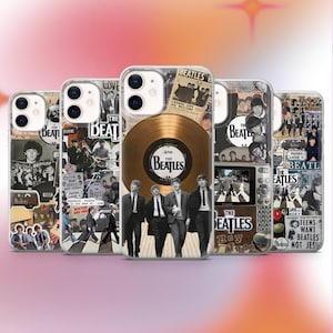 May include: Five phone cases with designs inspired by The Beatles. The cases display images of the band, album covers, and a gold record. The cases are transparent with a shiny finish, highlighting the colourful graphics.