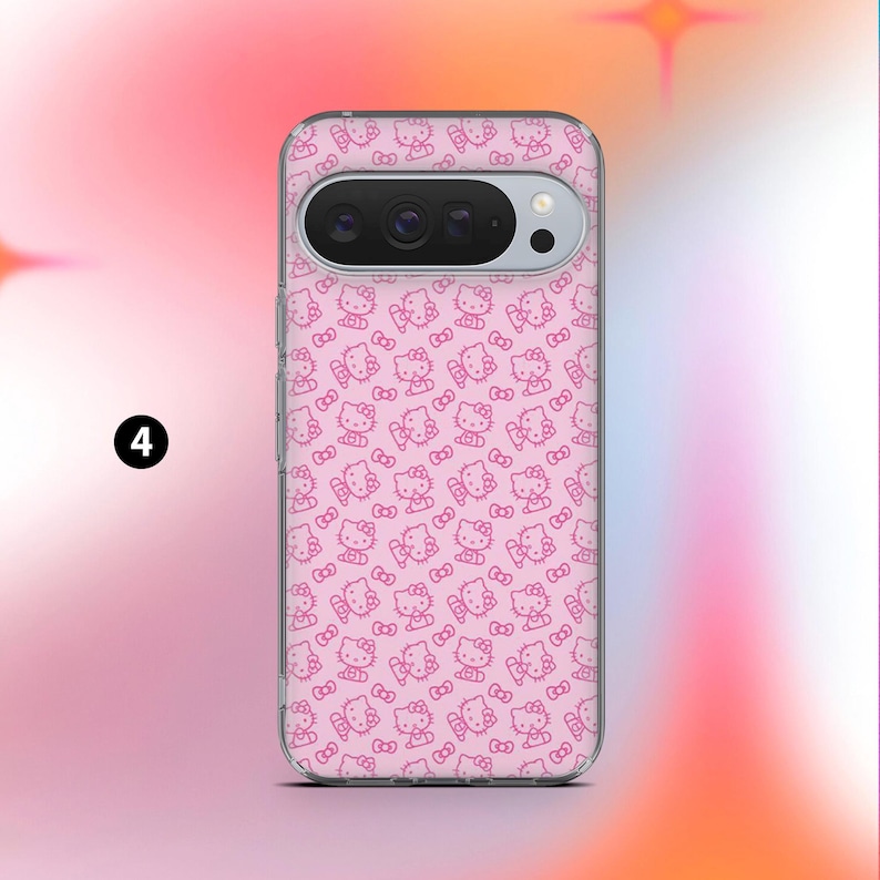 May include: A pink phone case featuring a repeating pattern of Hello Kitty characters in various poses. The case has a clear border and a camera cutout. The background is a gradient of pink and orange.