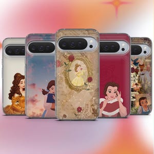 May include: A collection of phone cases featuring illustrations of Belle from Beauty and the Beast. The cases display various scenes and portraits of Belle, with designs including roses, vintage paper, and a portrait in a gold frame.