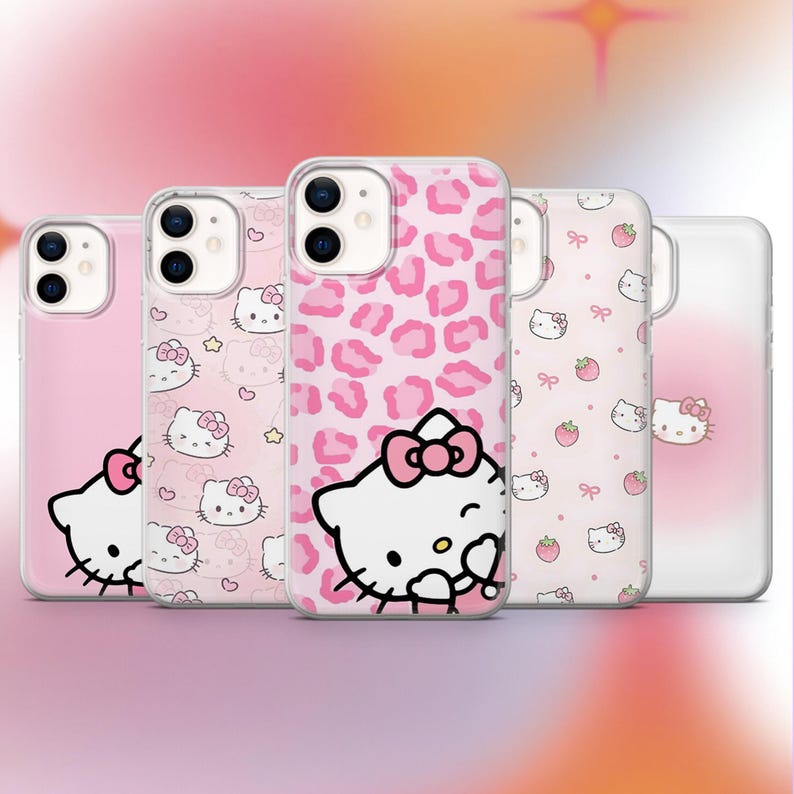 May include: A collection of pink phone cases featuring Hello Kitty designs. The cases showcase various patterns, including leopard print, strawberries, and the iconic character. The cases are designed to fit a smartphone.