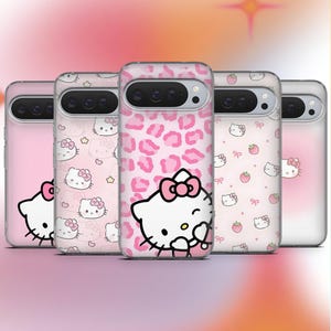 May include: Five phone cases with various pink designs featuring the Hello Kitty character. Designs include a pink leopard print, Hello Kitty faces, strawberries, and bows. The cases are made of a clear material.