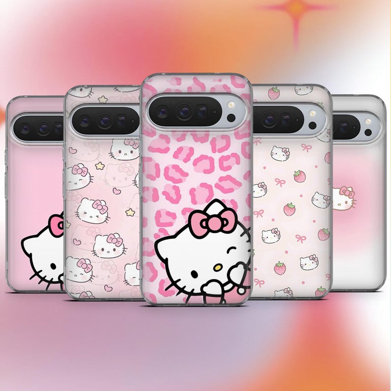 May include: Five phone cases with various pink designs featuring the Hello Kitty character. Designs include a pink leopard print, Hello Kitty faces, strawberries, and bows. The cases are made of a clear material.