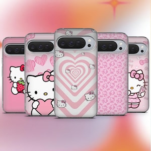 May include: A collection of five pink phone cases featuring Hello Kitty designs. The cases showcase various patterns, including hearts, a repeating pattern, and Hello Kitty holding a strawberry and a heart. The cases are designed for a smartphone.