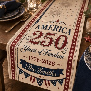 May include: Cream-colored table runner with red and blue accents. The runner features the text "AMERICA 250 Years of Freedom 1776-2026" in a patriotic design, along with a banner that reads "The Smiths". Decorative stars and fireworks are also included.