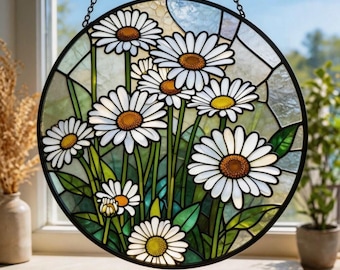 Daisy Stained Glass Suncatcher, White Flower Window Hanging, Minimal Floral Decor, Cottagecore Garden Gift