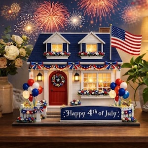 May include: A miniature house decorated for the 4th of July, featuring a blue roof, white siding, and a red door. The house is adorned with patriotic decorations, including an American flag, balloons, and a sign that reads "Happy 4th of July". Fireworks are visible in the background.
