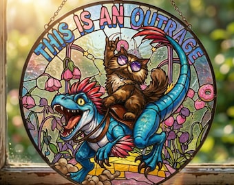 Dungeon Crawler Carl This Is an Outrage Stained Glass Suncatcher, Dungeon Crawler Carl Window Hanging, Princess Donut and Mongo Suncatcher