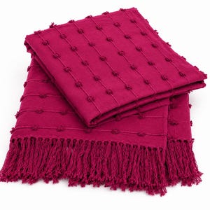 Handwoven Cotton Throw Blanket: Textured Raspberry Fringe, 52"x72"