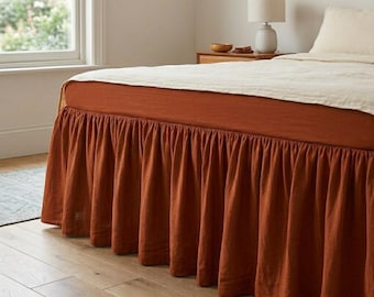 Ruffled Linen Bed Skirt – Natural Rust orange Ruffled Bedding