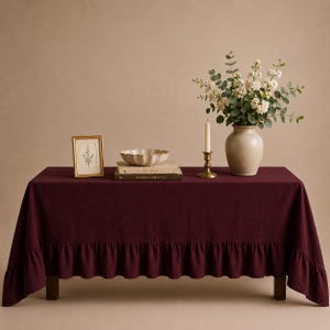 Burgundy Linen Ruffled Tablecloth – Farmhouse Rustic Dining Linen