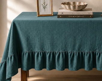 Ruffled Linen Tablecloth – Taqu Color Farmhouse, Rustic Dining Table Cover