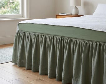 Linen Ruffled Olive Green Bed Skirt – Natural Fabric, Tailored Finish