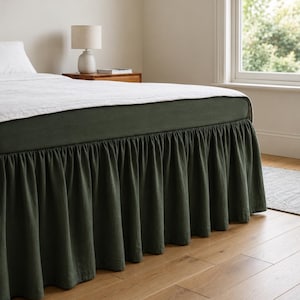 Linen Ruffled Bed Skirt – Dark Green Fabric, Elegant Bedroom Decor