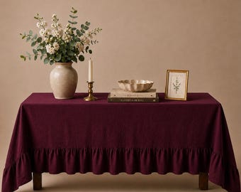 Redwood Ruffled Linen Tablecloth – Farmhouse Rustic Dining Table Cover