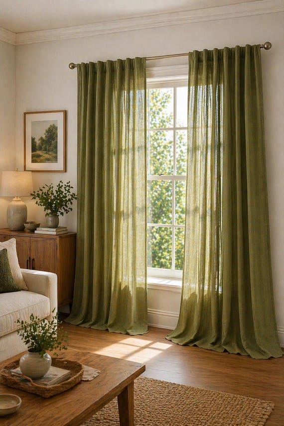 Olive Green Linen Curtain Panels: Light-Filtering, Modern Boho Style (Set of 2)