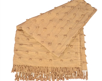 Handloom Cotton Throw Blanket: Mustard Yellow, Chunky Loops, Fringe Detail