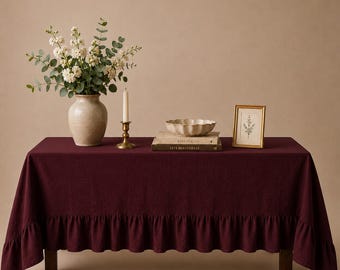 Burgundy Linen Ruffled Tablecloth – Farmhouse Rustic Dining Linen