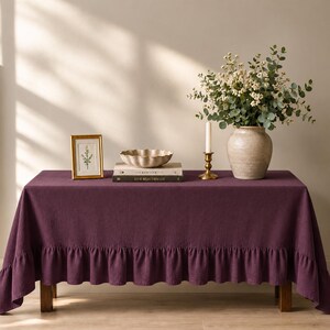 Burgundy Linen Ruffled Tablecloth – Farmhouse Rustic Dining Linen
