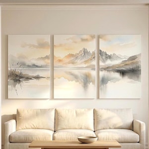 Conjunto de 3 lienzos extragrandes con diseño de montaña en acuarela, tríptico para la pared del salón.