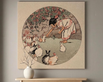 Japanese-Inspired Deco Square Canvas Print, Minimal White Bunny Art