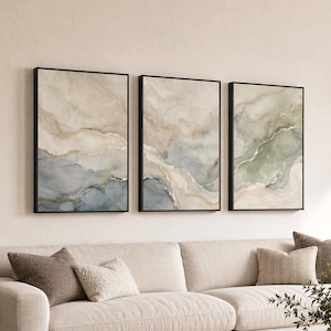 Sage Green Gold Marble Framed 3-Panel Canvas Wall Art Set,  Abstract Decor