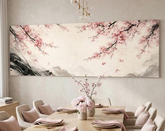 Large Cherry Blossom Canvas, Ultra Wide East Asian Ink Wash Art