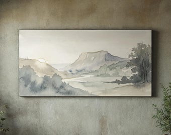Large Watercolor Mountain Canvas, 2:1 Panoramic Wall Art, Gold Foil Sunrise Landscape, Living Room Decor