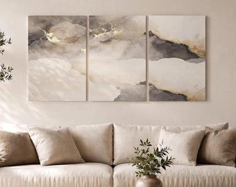 Gold Abstract Triptych Canvas Print, 3 Panel Cloud Marble Wall Art Luxury