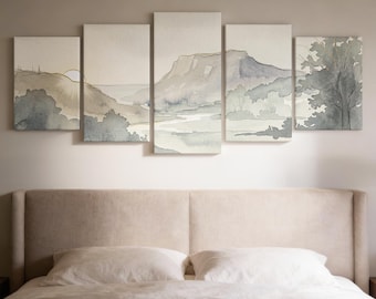 Watercolor Landscape Canvas 5 Panel Set, Gold Foil Accent, Neutral Bedroom Wall Decor