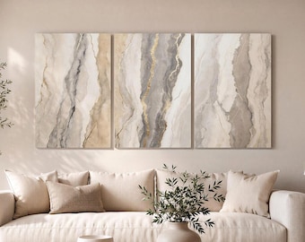 White Marble Gold Vein Triptych Canvas, 3 Panel Abstract Wall Art Modern
