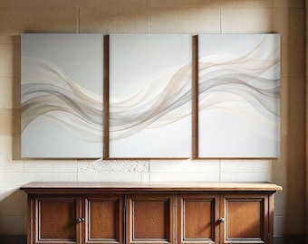 Neutral Waves Triptych Canvas Print, 3 Panel Minimalist Abstract Wall Art