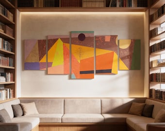 Paul Klee Joyful Mountain Landscape 5 Panel Canvas Art, Abstract Geometric Statement Decor