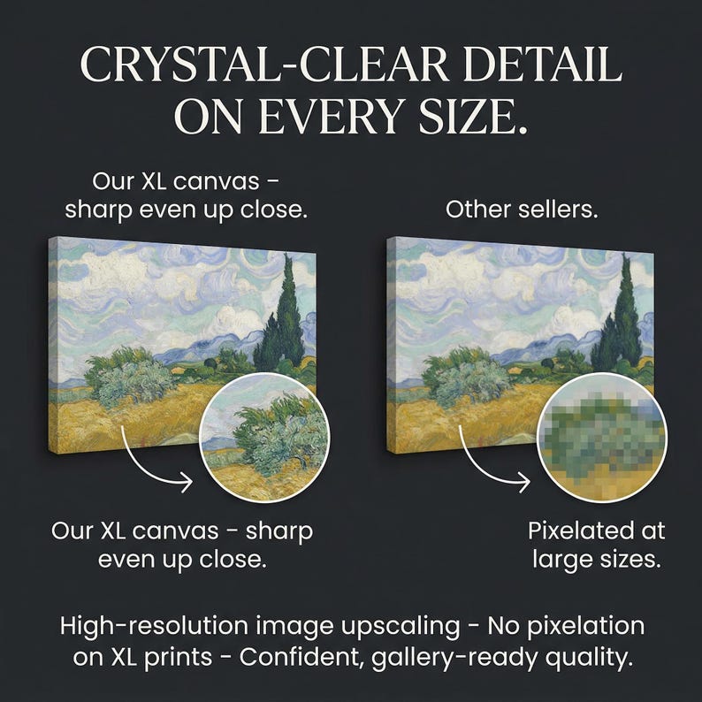 May include: A comparison graphic titled CRYSTAL-CLEAR DETAIL ON EVERY SIZE. It shows two canvas prints of a landscape painting. The left side labeled Our XL canvas - sharp even up close shows a clear circular zoom. The right side labeled Other sellers shows a pixelated circular zoom with the text Pixelated at large sizes. The bottom text reads High-resolution image upscaling - No pixelation on XL prints - Confident, gallery-ready quality.