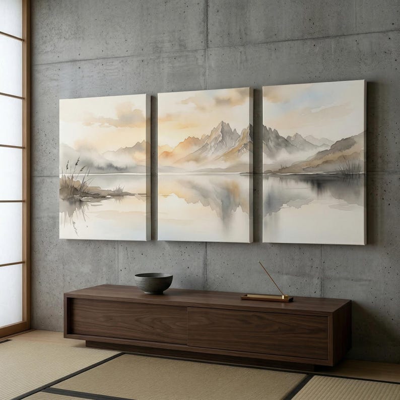 May include: A triptych wall art set featuring a watercolor landscape of jagged mountains reflected in a calm lake. The scene uses a soft palette of beige, grey, and white tones, depicting misty peaks, shoreline reeds, and a serene, hazy sky.