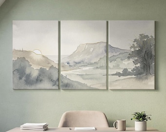 Extra Large 3-panel Watercolor Mountain Range Canvas Set, Sage and Gold Living Room Art
